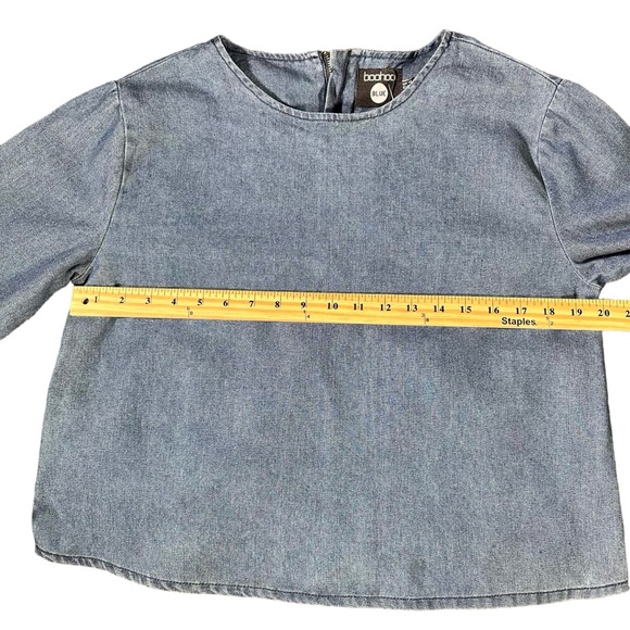 Boohoo Jennifer Flute Sleeve Denim Top Dark Blue Size US 8 UK 12 - Picture 4 of 14